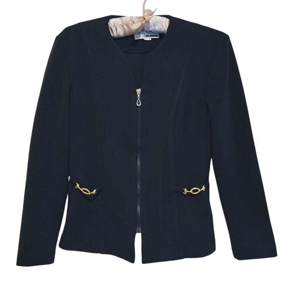 Vintage Sheri Martin Full Zip Blazer Jacket Size 8 Black Gold Career Retro 90s